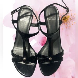 Stuart Weitzman Black Strappy Patent Leather Sandals Heels, Sz 7M